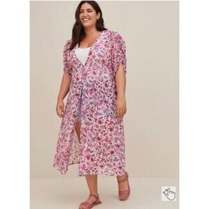 Torrid Pink Floral Chiffon Ruched Sleeve Kimono Sz.2